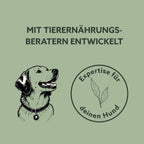 Pippa's Hundelimo Balance Ergänzungsfuttermittel mit Illustration eines Hundes und Expertise-Siegel auf grünem Grund