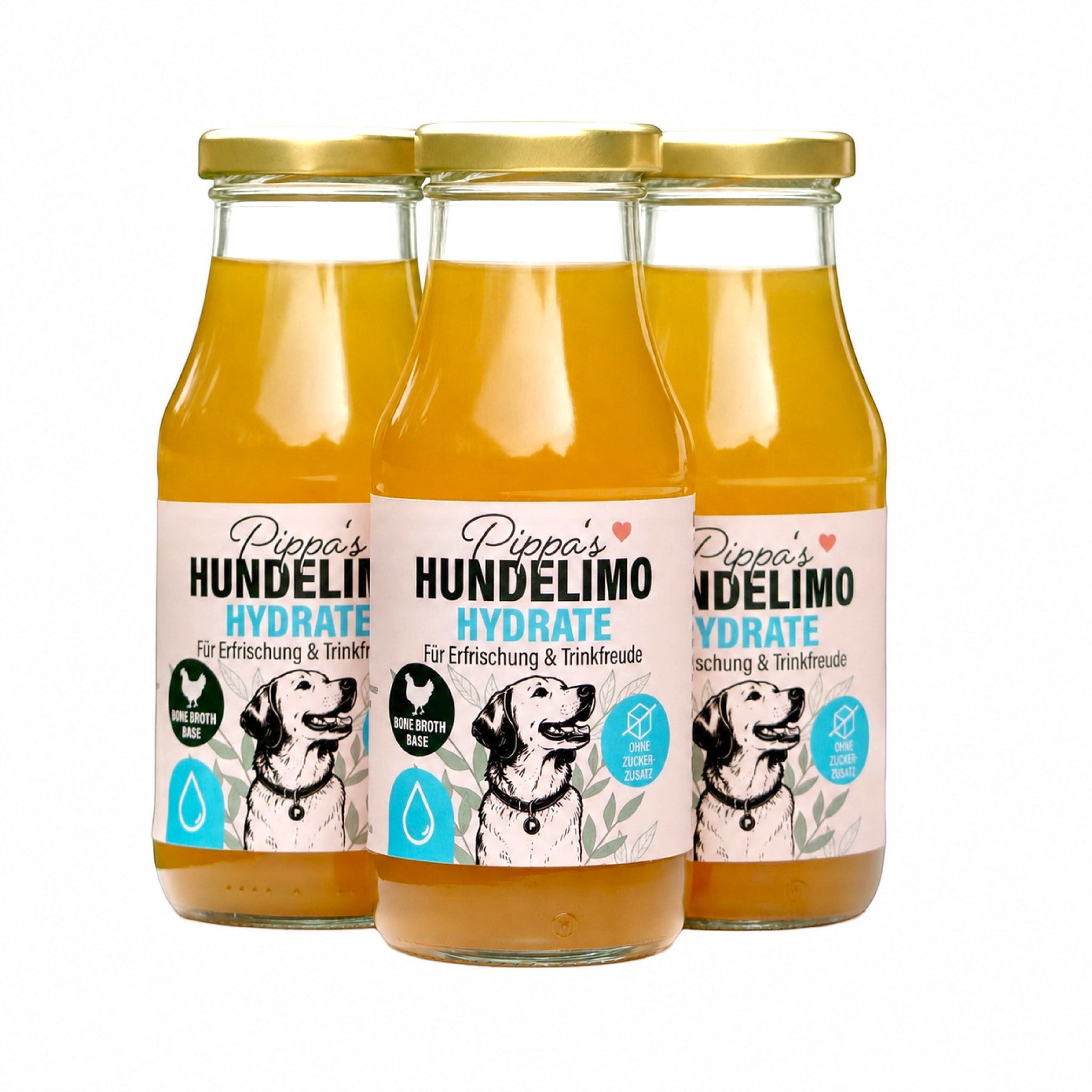 Drei Glasflaschen Pippa's Hundelimo Hydrate Knochenbrühe für Hunde mit Etikett und Illustration eines Hundes