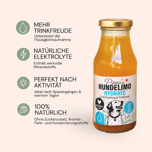 Pippa's Hundelimo Hydrate Knochenbrühe für Hunde in einer Glasflasche mit natürlichen Inhaltsstoffen