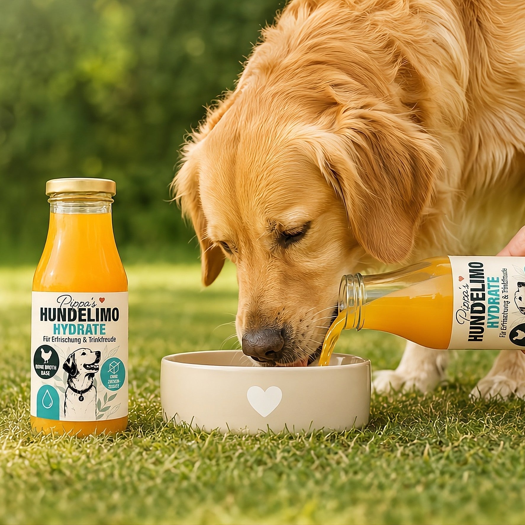 Pippa's Hundelimo Hydrate Knochenbrühe für Hunde wird einem Golden Retriever in einer grünen Wiese in den Napf gegossen